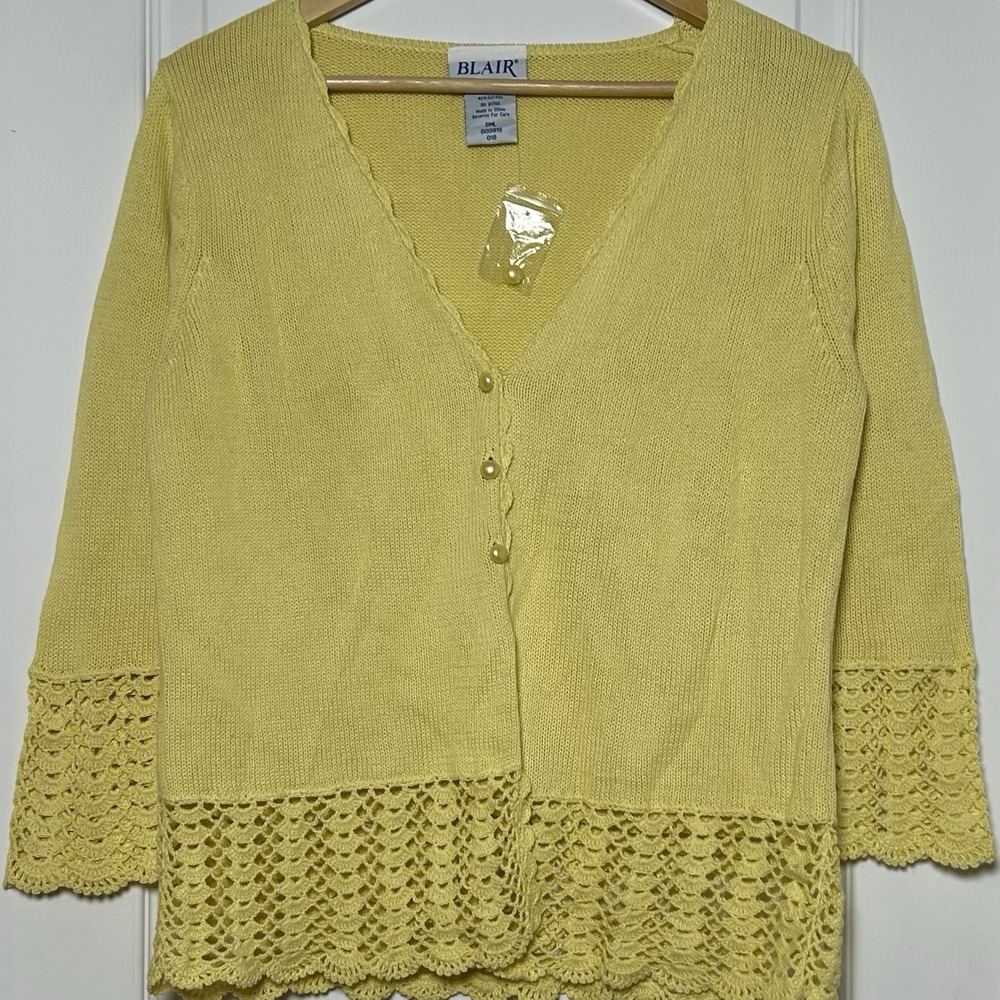 Blair Yellow Cotton Blend Crochet Scalloped Trim 3/4 Sleeve Button Up Cardigan